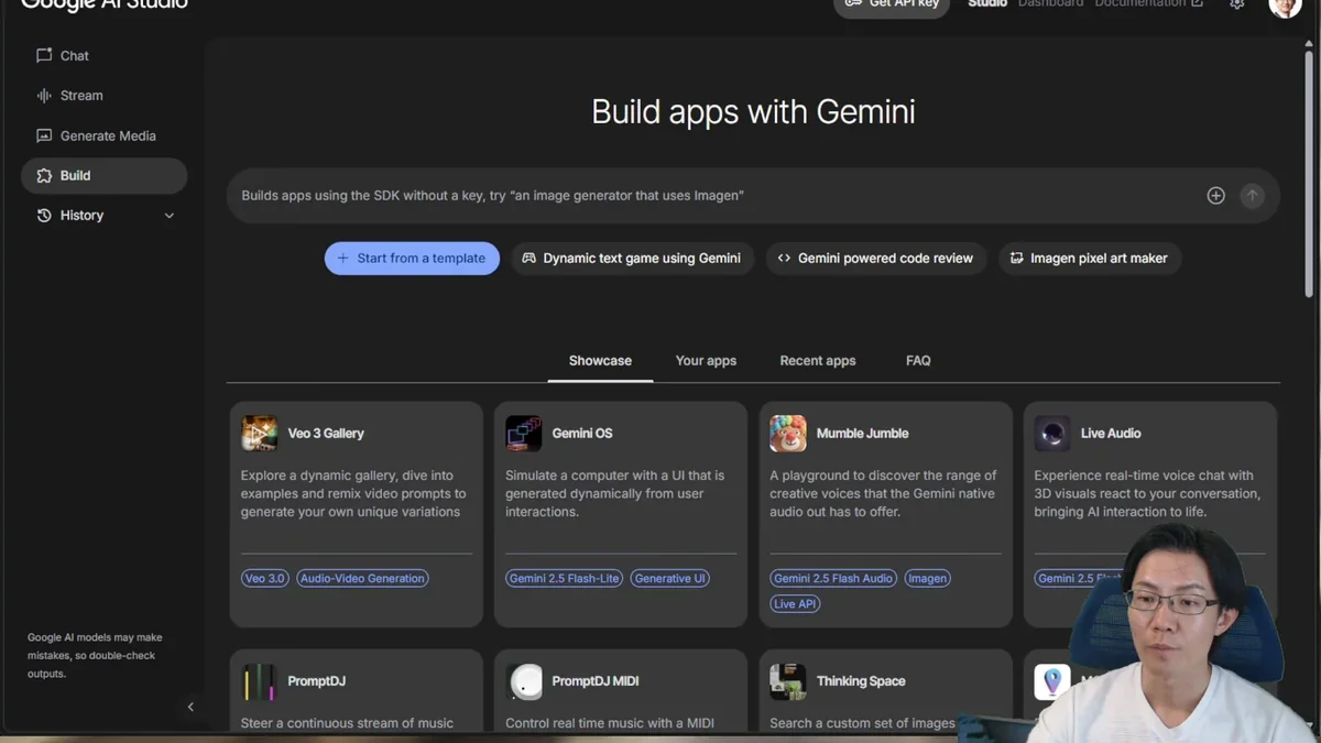Google AI StudioのBuild機能のホーム画面。アプリ作成用の様々なテンプレートが並ぶ。