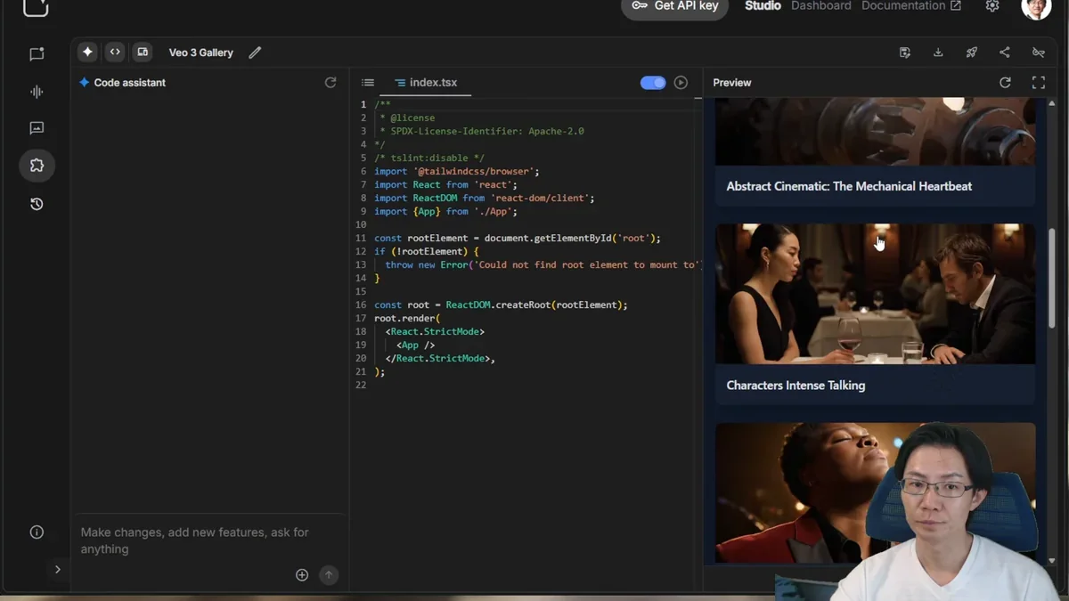 Google AI StudioのVeo 3 Galleryで動画生成アプリの動作画面。コードとプレビューが同時に表示。