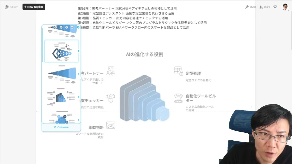 Napkin.aiのCustom Generationで複数の図解スタイルが素早く切り替わっていく様子。