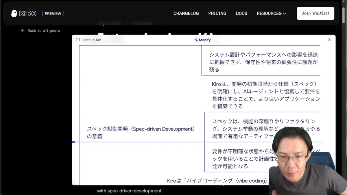 Kiroのスペック駆動開発の概念図。AIエージェントによるプロトタイプから本番運用への課題、スペック駆動開発の意義、Kiroの特徴と開発体験の向上といった項目が記載されている。