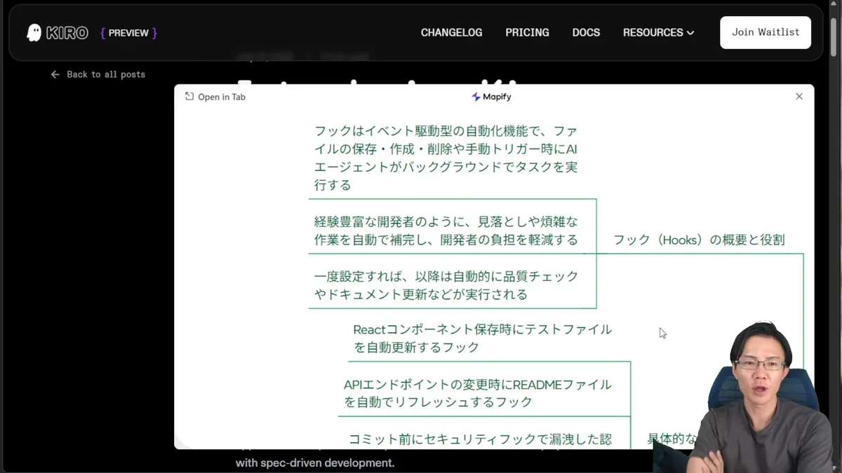 Kiroのフック機能に関する図。イベント駆動型の自動化機能、見落としや煩雑な作業の自動補完、品質チェックやドキュメント更新の自動実行などが説明されている。