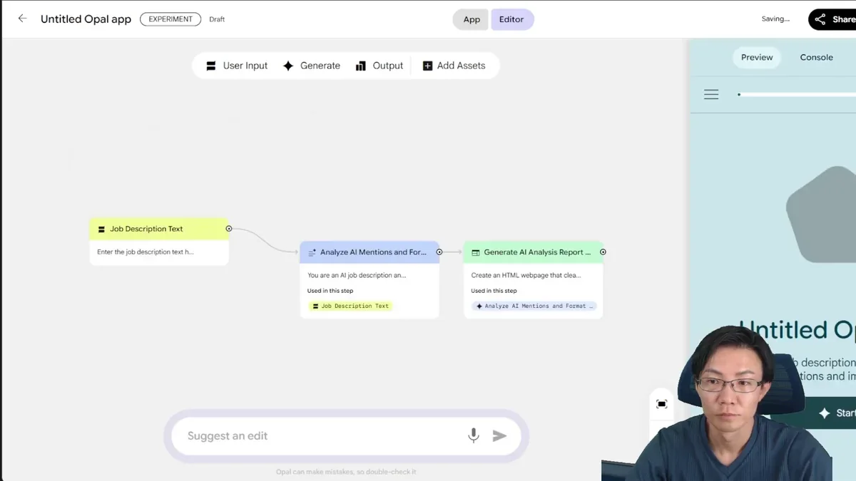 OpalのEditor画面で表示された業務内容分析アプリのワークフロー図。テキスト入力からAI分析、レポート生成までのステップが図示されている。