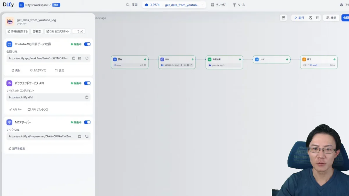 Difyワークフローのスクリーンショット。LLM、知識検索、コード、終了の各モジュールが連結されている。