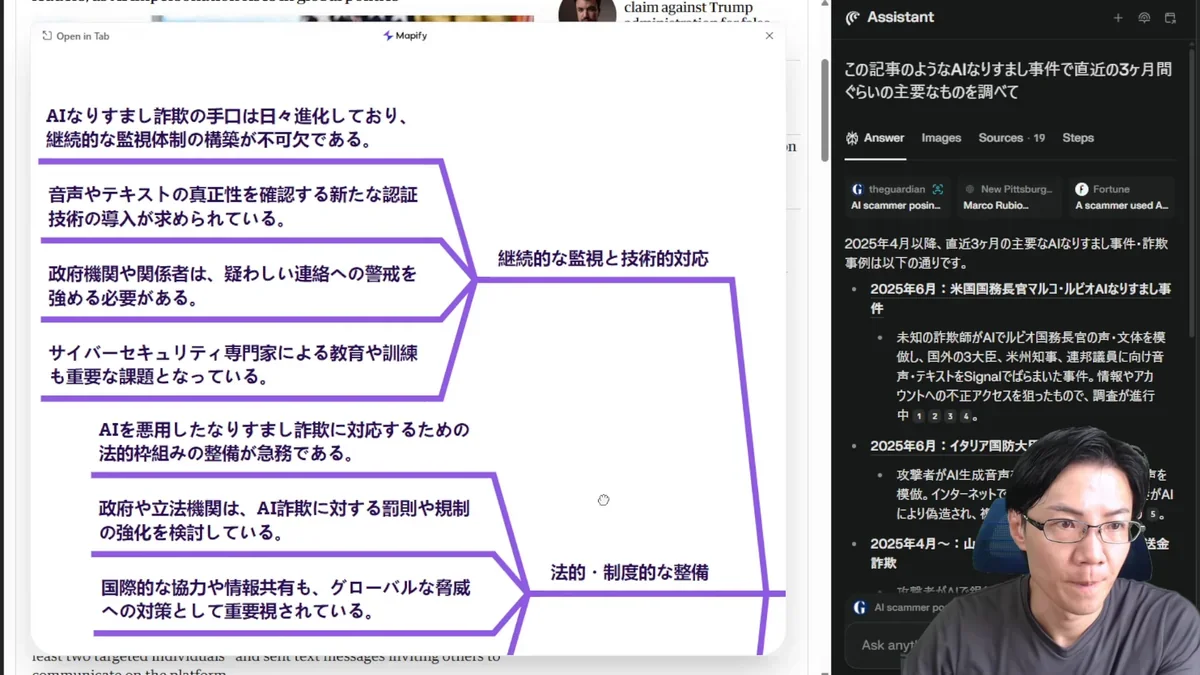 Mapifyのマインドマップで示されたAI詐欺に対する社会的な取り組みと法整備の必要性