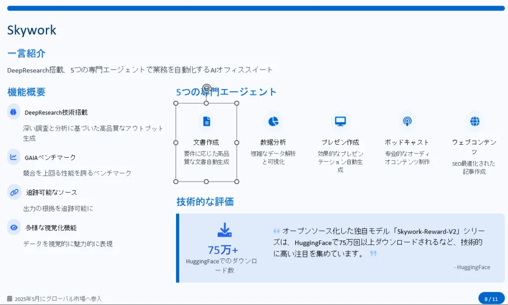 AIエージェント「Skywork」の機能概要と技術評価。文書・プレゼン作成など5つの専門エージェントを紹介。