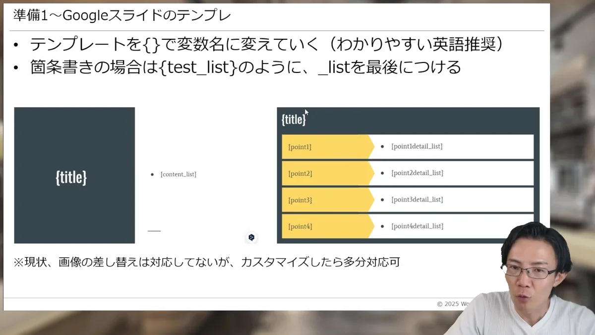 Googleスライドのテンプレート上で、後から内容をAIに自動生成させる部分を`{title}`や`{point1}`、`{content_list}`などの変数で置き換えている画面。箇条書きには`_list`が付いている。