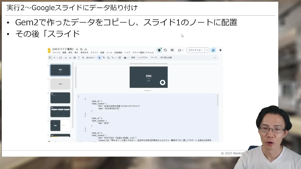 生成されたJSONデータをGoogleスライドの1枚目のノート欄に貼り付け、「池友式スライド生成」メニューから「JSONからスライド作成」を選択して実行している画面。認証ポップアップも表示。