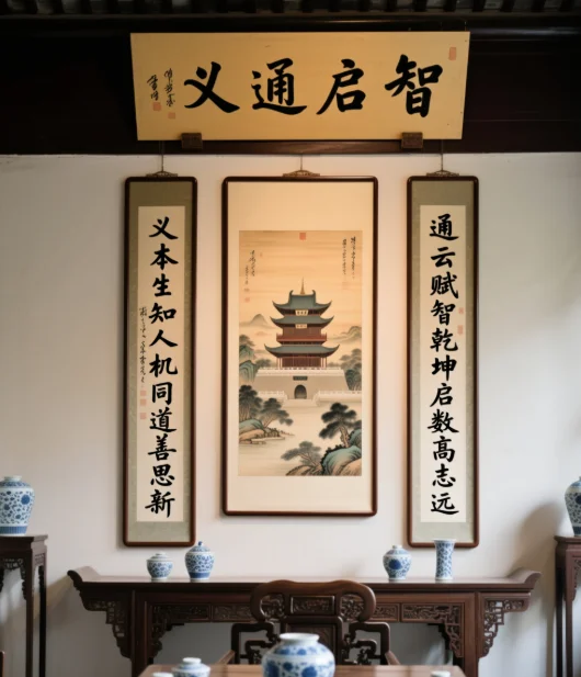 Qwen Imageの強みである、正確な漢字の描画を示す中国風の部屋の画像。