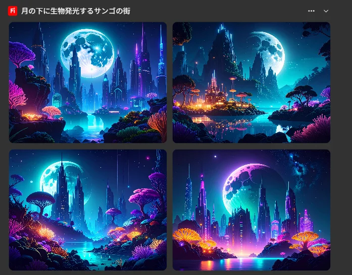 Grok Imagineで生成された「月の下に生物発光するサンゴの街」。プロンプトからの高品質な出力例。