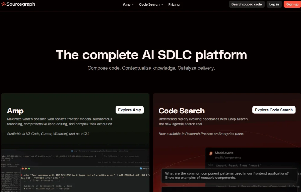 SourcegraphのAIを活用した開発プラットフォーム。コード編集やエージェント型検索が可能。