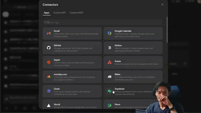 Manus AIのAppsタブに表示されるGmail、Notion、Zapierなど多数の連携可能な外部アプリの一覧。