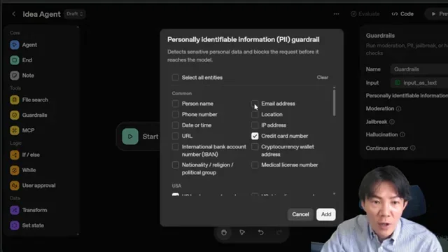Agent BuilderのPII guardrail設定ポップアップ、個人情報検出のチェックボックスが表示されている