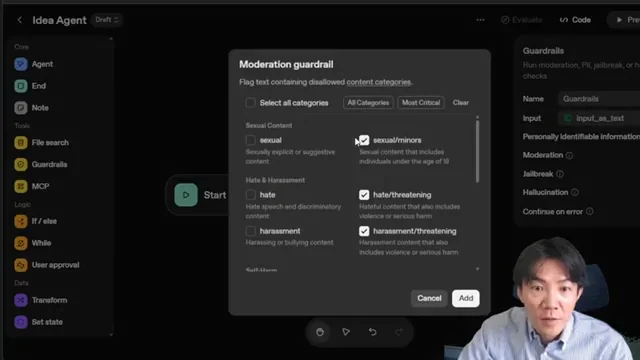 Agent BuilderのModeration guardrail設定ポップアップ、不適切コンテンツ検出のチェックボックスが表示されている