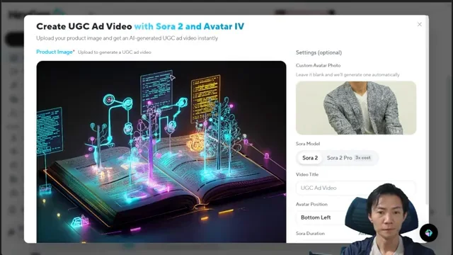 HeyGenのUGC Ad Video作成画面で、スマートブックの画像とアバター写真が設定された状態。