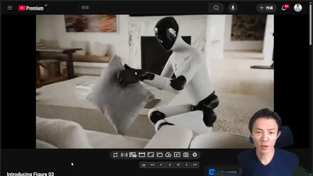 Figure 03ロボットがリビングルームのような家庭環境で、棚にある物を整理したり、床に散らばった物を片付けたりしている様子。環境を理解し適応する真の知能の表れ。