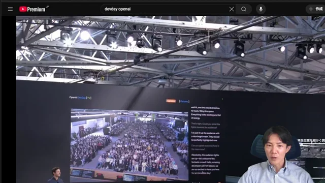 OpenAI DevDay TVアプリのデモ画面。画面中央にカウントダウンが表示され、その後参加者の名前がエンドロールとして流れ始める。
