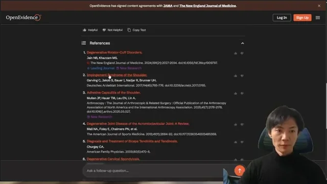 OpenEvidenceの回答の下部に「References」として、医学雑誌の論文タイトルや著者名が複数リストアップされている画面。