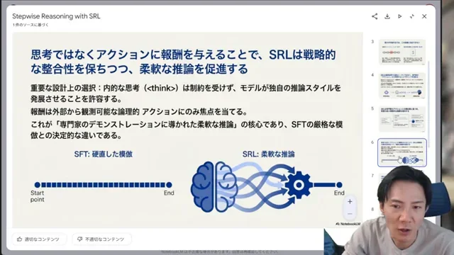 NotebookLMの新機能が革命的インフォグラフィックスライド自動生成でプレゼン作成が劇的に変わる - キャプチャ 6 - 生成AIビジネス活用研究所 ベースモデル、SFT、RL(VR)、SRL、SRL→RLVRのAccuracyを比較する棒グラフ。SRL→RLVRが28.3%と最も高い。