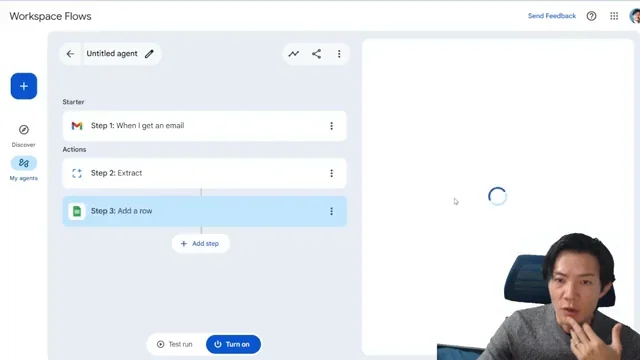 Google Workspace Flowsで、抽出した「month」「impression」「click」のデータをGoogleスプレッドシートに追記する設定画面。
