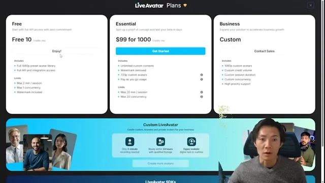 HeyGen Live Avatar月99ドルでリアルタイム会話が実現APIで簡単サイト導入も可能 - キャプチャ 3 - 生成AIビジネス活用研究所 Live Avatarの料金プランを比較する画面。Freeプランは10クレジット、Essentialプランは99ドルで1000クレジット、Businessプランはカスタム。各プランの制限も記載されている。