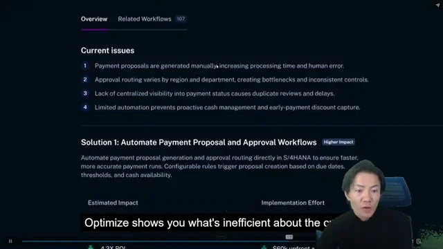 Scribe Optimizeの「Automating payment proposal and approval workflows」詳細。現在の問題点、解決策、推定される影響、導入に必要な労力が示されている。