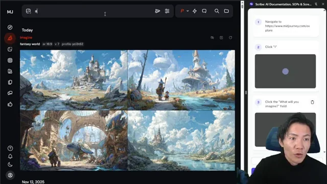 Midjourneyで画像を生成するプロセスをScribe Captureが記録している画面。左側にMidjourneyのUI、右側にリアルタイムで生成されるステップガイドが表示されている。