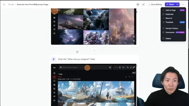 Scribe Captureが自動生成したMidjourneyのワークフローガイドの完成版。ステップごとのスクリーンショットと説明文が並んでいる。