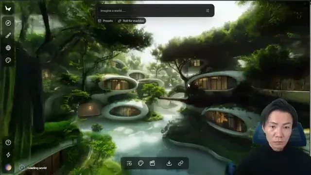 Marbleで生成された、緑豊かな自然と卵型の未来的な建物が融合したファンタジー3D空間。