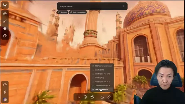 Marbleで生成された3D世界から、様々なファイル形式（画像、メッシュ、ガウシアンスプラットなど）でダウンロードできるオプションリストが表示されている。