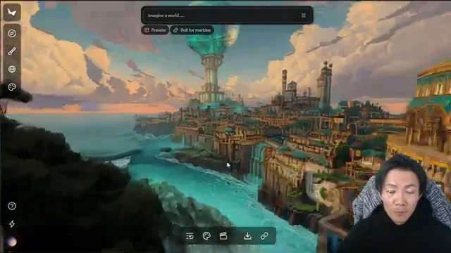 MidjourneyのファンタジーアートからMarbleで生成された、壮大な海岸都市の3D世界。細部まで表現されている。