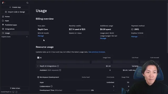 Replit AI Integrationが開発を革新300種類のAIモデルを即座に利用可能にする新機能の全貌 - キャプチャ 8 - 生成AIビジネス活用研究所 ReplitのAI Integration利用状況と料金表示画面