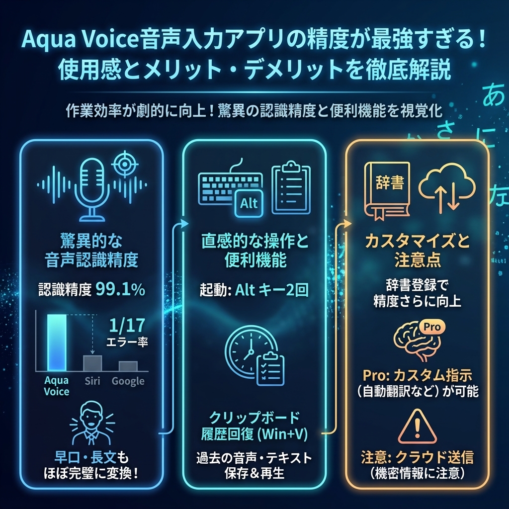 Aqua Voice音声入力アプリの精度が最強すぎる使用感とメリットデメリットを徹底解説 - インフォグラフィック - 生成AIビジネス活用研究所 記事のインフォグラフィックサマリ