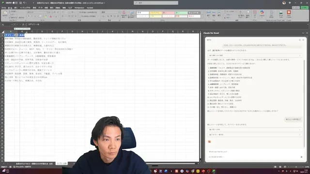 Claude for Excelアドインの実力を検証データ分析から考察まで自動化する革新的機能 - キャプチャ 8 - 生成AIビジネス活用研究所 Claude for Excelが参加者コメントを「最新情報・トレンド」「活用事例」「技術的内容」などのカテゴリに分類し、新しいシートに出力した画面