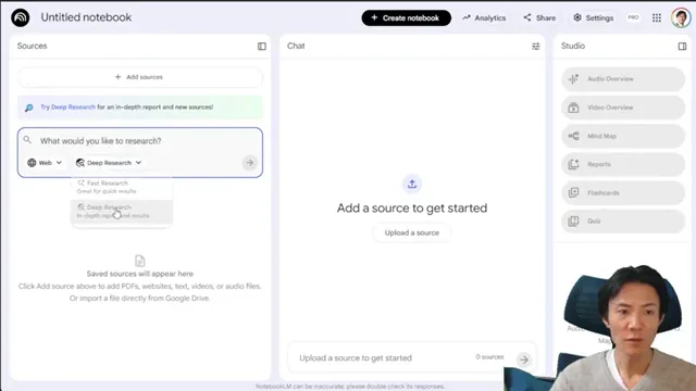 NotebookLMでWebとDeep Researchを選択し、検索クエリを入力する画面のスクリーンショット。