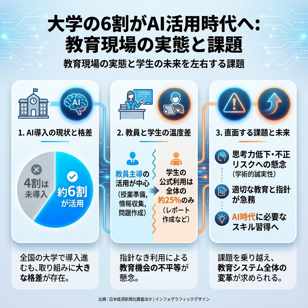 大学の6割がAI活用時代へ教育現場の実態と学生の未来を左右する課題 - インフォグラフィック - 生成AIビジネス活用研究所 記事のインフォグラフィックサマリ