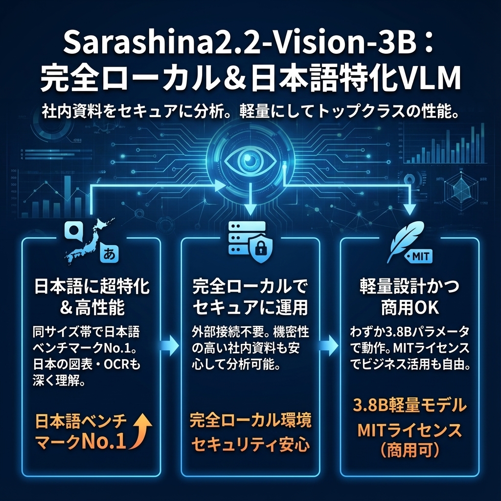 Sarashina22-Vision-3Bで社内資料を完全ローカル分析日本語特化VLMの実力と導入方法を徹底解説 - インフォグラフィック - 生成AIビジネス活用研究所 記事のインフォグラフィックサマリ