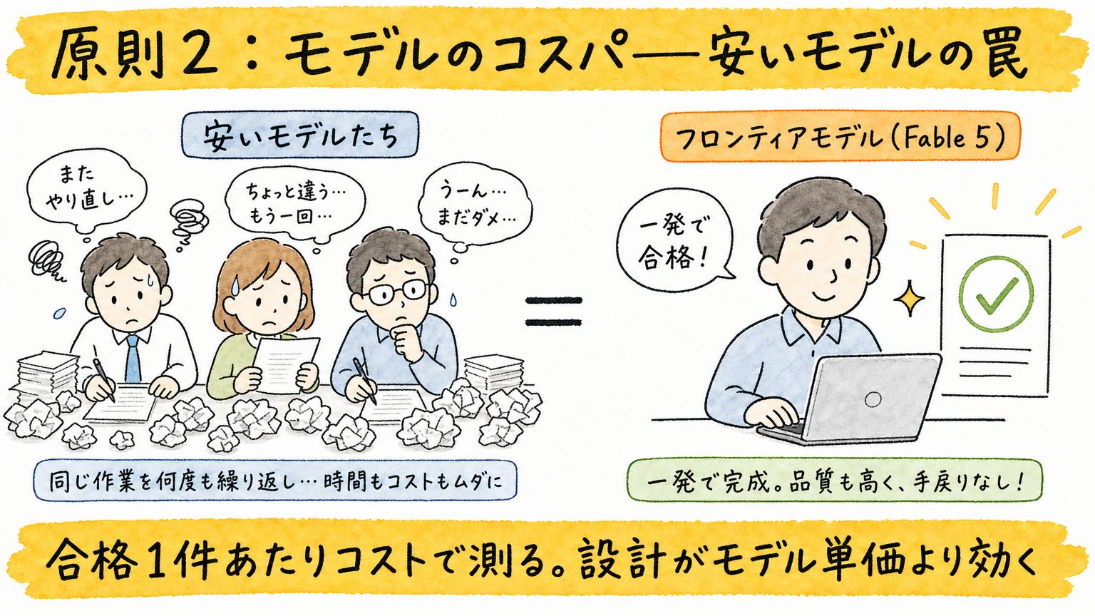 合格1件あたりコストで測る。設計がモデル単価より効く