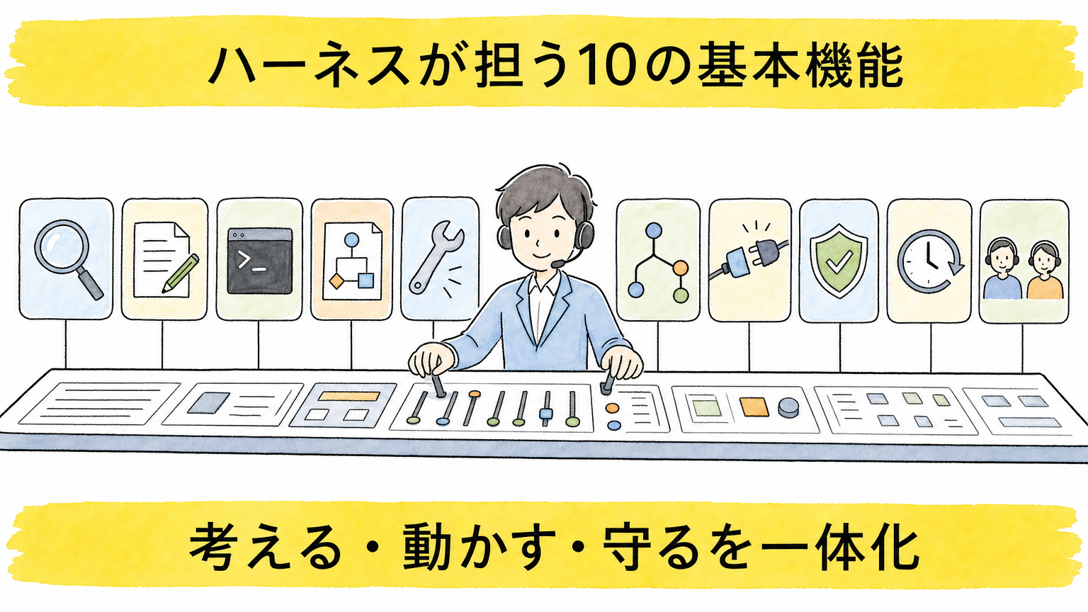 ハーネスが考える・動かす・守る機能を一体化する図