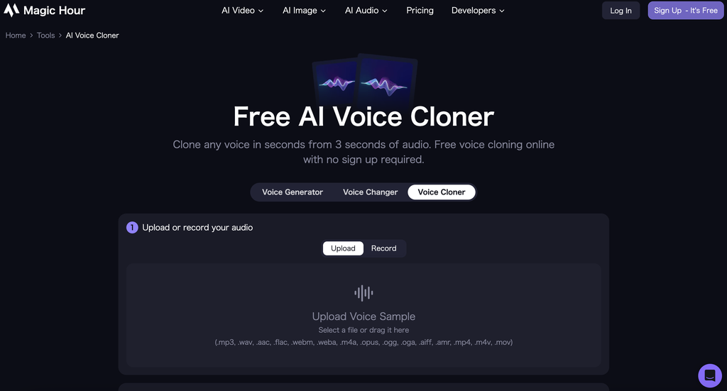 スクリーンショット 2026-08-22 204636 - 生成AIビジネス活用研究所 Magic HourのFree AI Voice Cloner