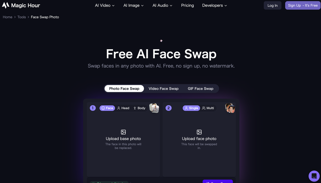 Magic HourのFree AI Face Swapツール画面