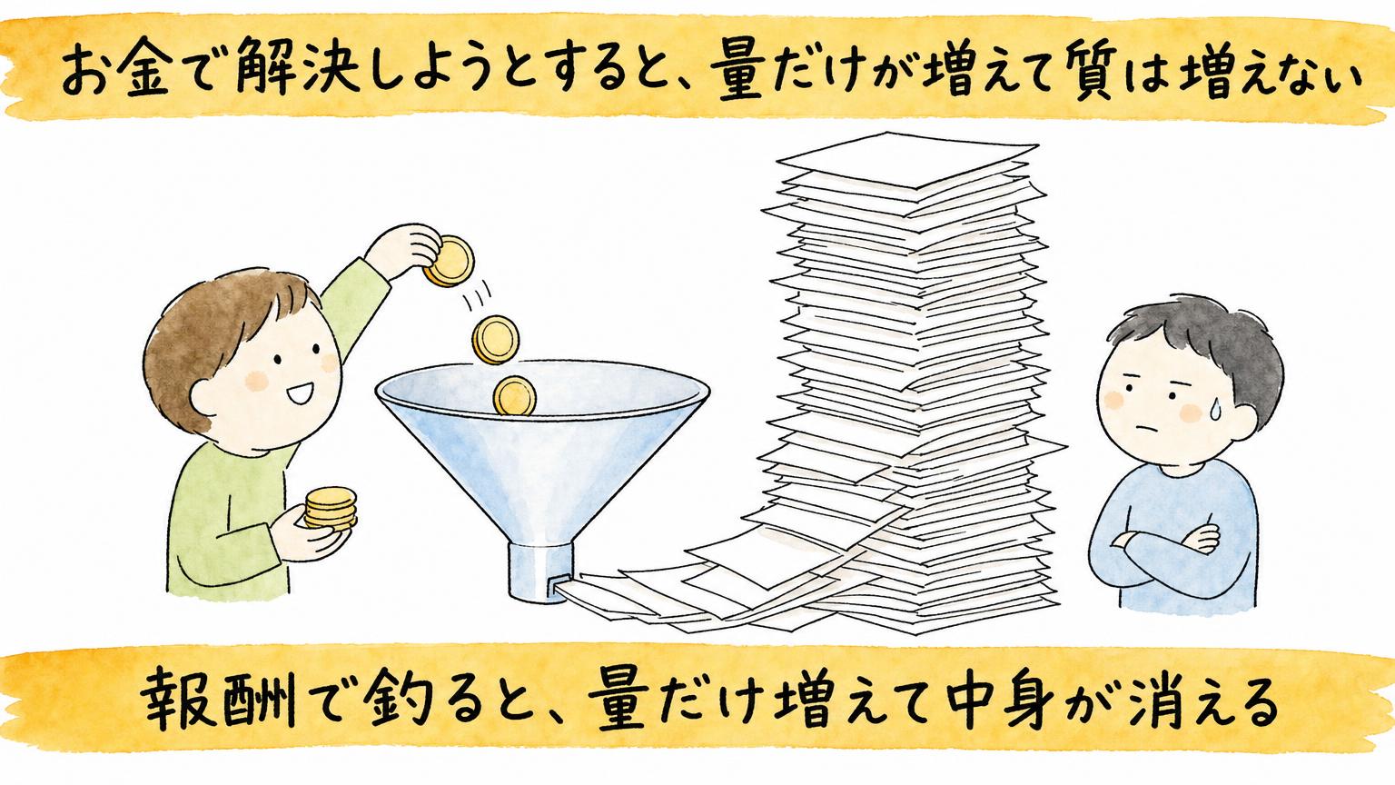 報酬で釣ると、量だけ増えて中身が消える