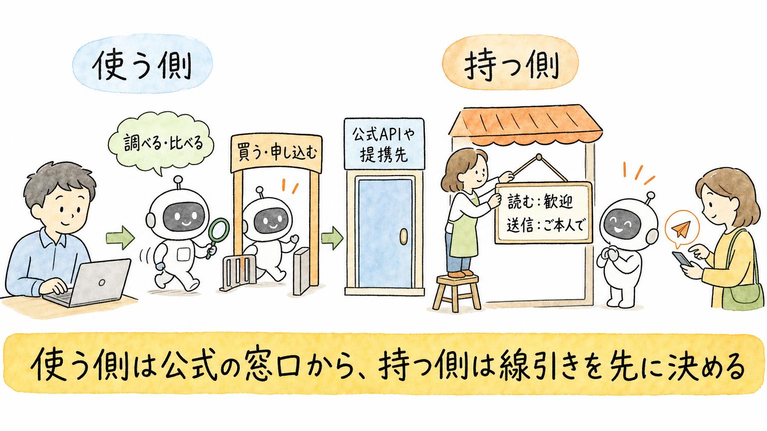 AIエージェントを使う側は調べる・比べるを任せて買う・申し込むは公式APIや提携先へ、サイトを持つ側は読むは歓迎・送信はご本人でと線引きを掲げる様子を比べた図