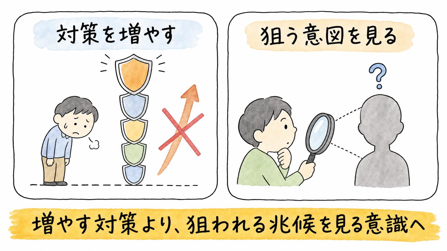 対策を積み増す考え方と、狙う意図に注目する考え方を左右に並べて比べた防御側の意識の図
