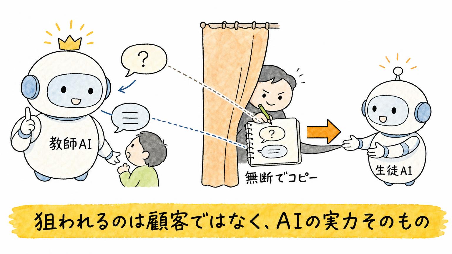 教師AIと利用者のやり取りをカーテンの陰から無断で書き写し、生徒AIに渡して学習させる不正コピーの構図を示した図