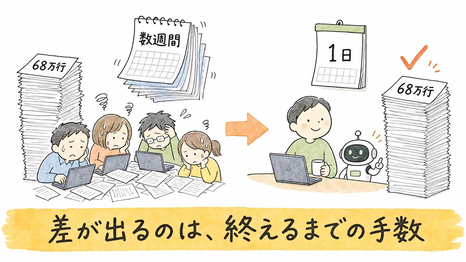 68万行のコード移行が、人のチームなら数週間かかるところをAIとなら1日で終えられることを比べた図
