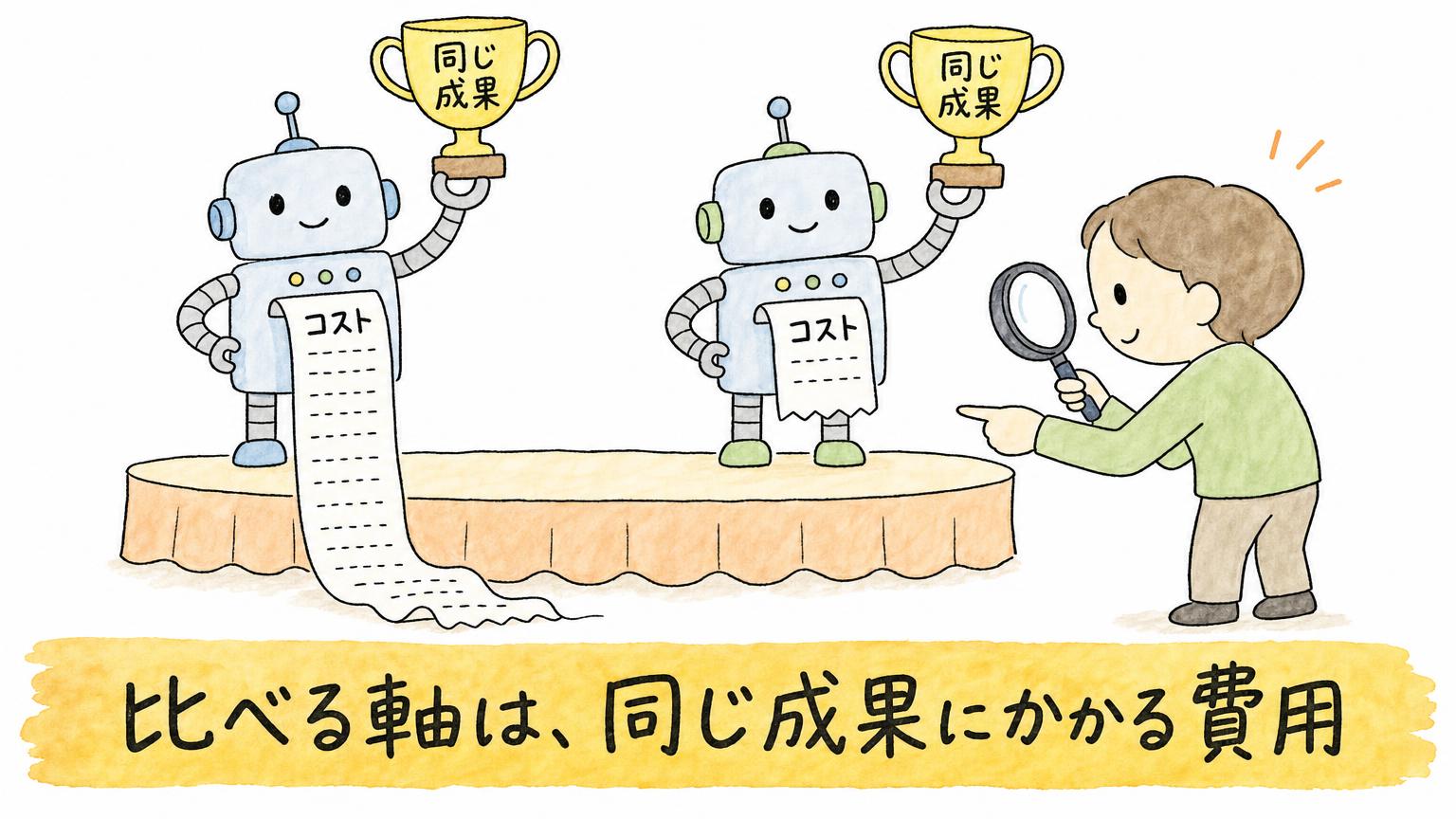 同じ成果を出した2体のロボットのコストの長さを比べ、比べる軸は同じ成果にかかる費用だと示す図