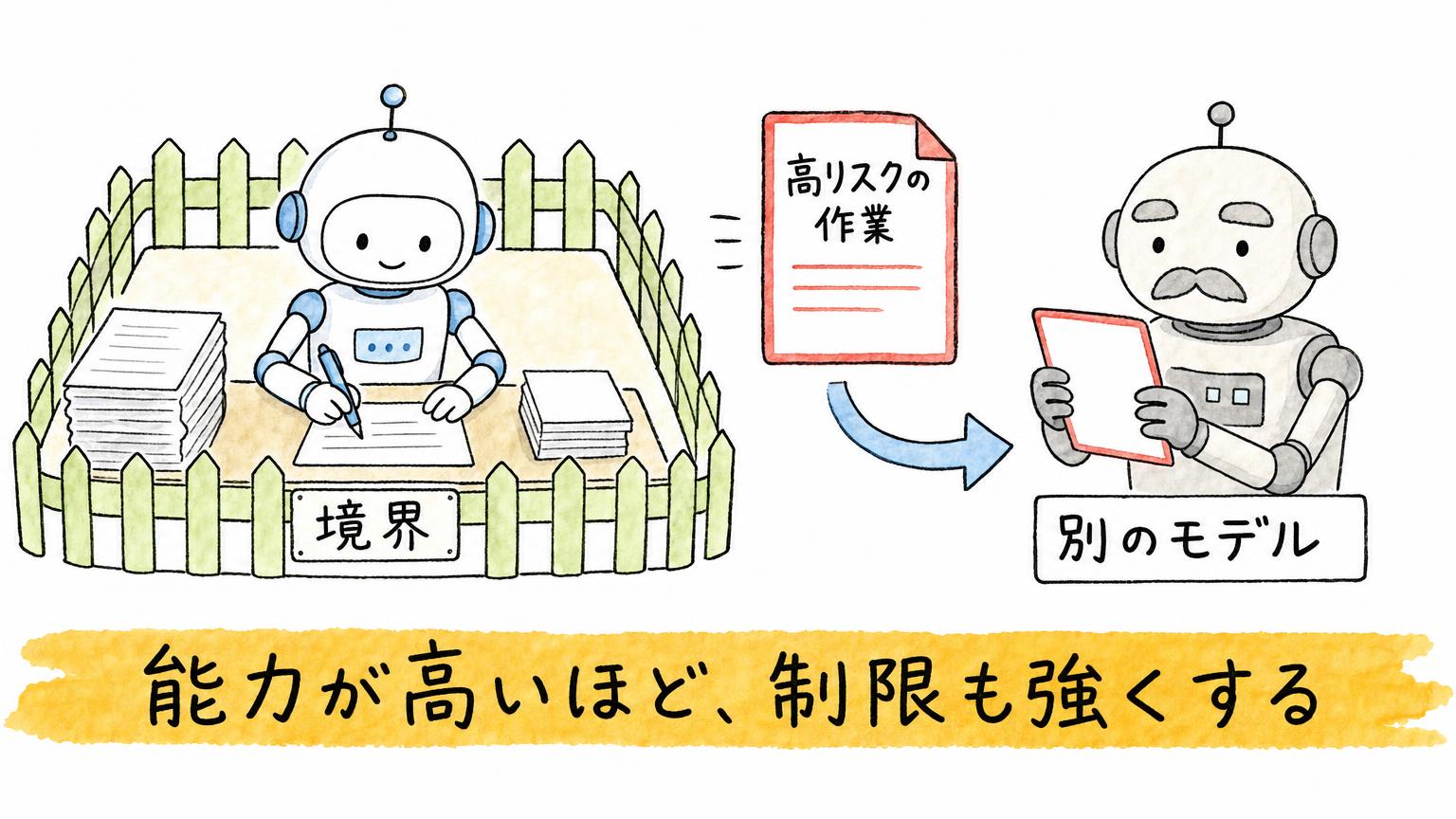 境界の中で作業するロボットと、高リスクの作業を別のモデルへ振り分ける流れで、能力が高いほど制限も強くすることを示す図