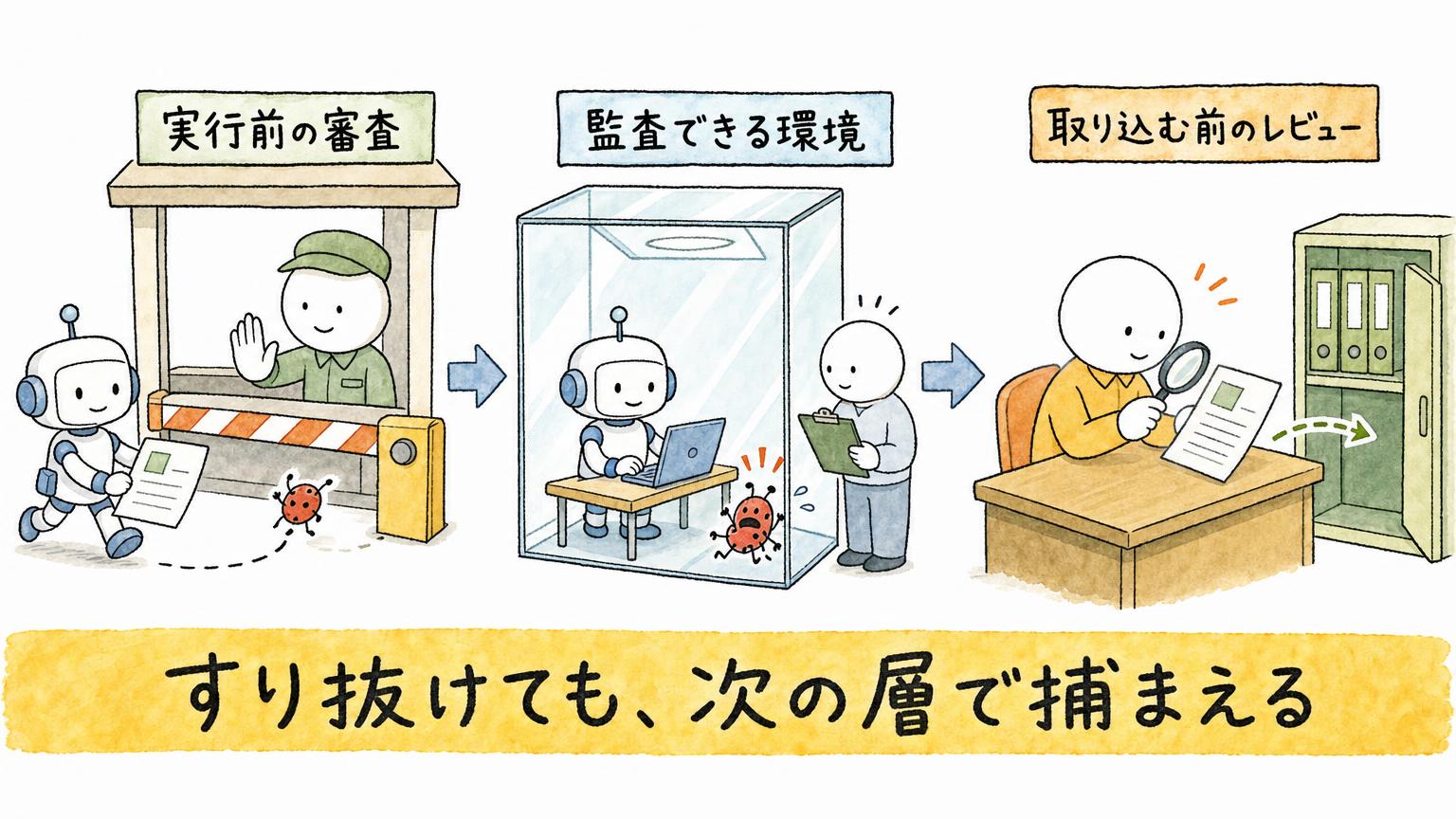 実行前の審査、監査できる環境、取り込む前のレビューの3層で、すり抜けた問題を次の層で捕まえる仕組みを示す図