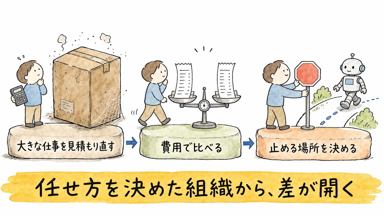 大きな仕事を見積もり直す、費用で比べる、止める場所を決めるの3ステップを飛び石のように並べた図