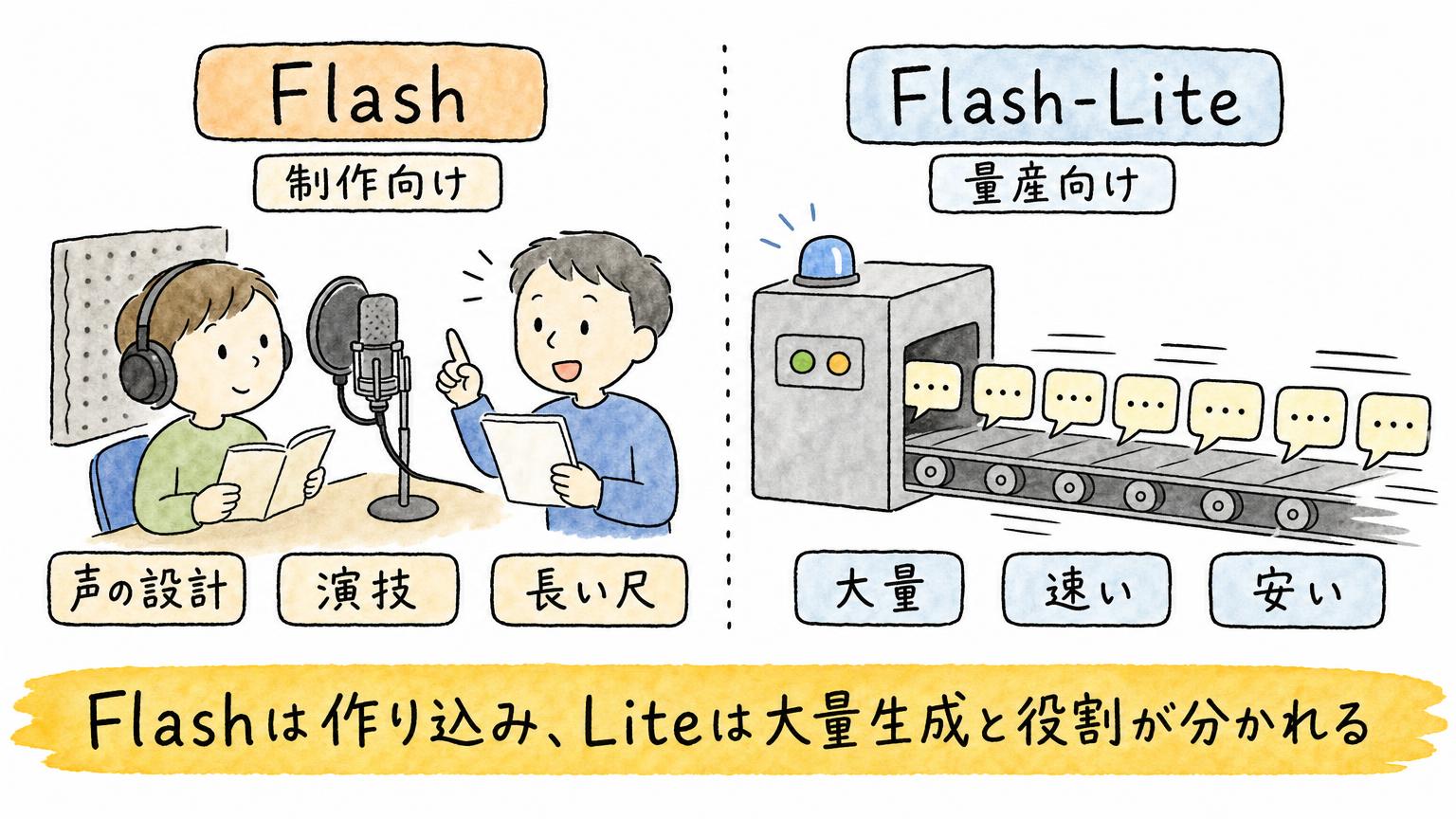 Flashを声の設計・演技・長い尺に強い制作向けのスタジオ、Flash-Liteを大量・速い・安いの量産向けラインとして左右に比べた図